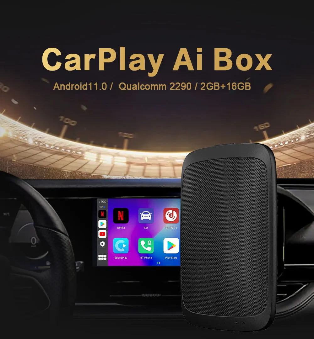 Black Android 11 CarPlay Box with 9-inch touch screen for vehicle infotainment upgrade