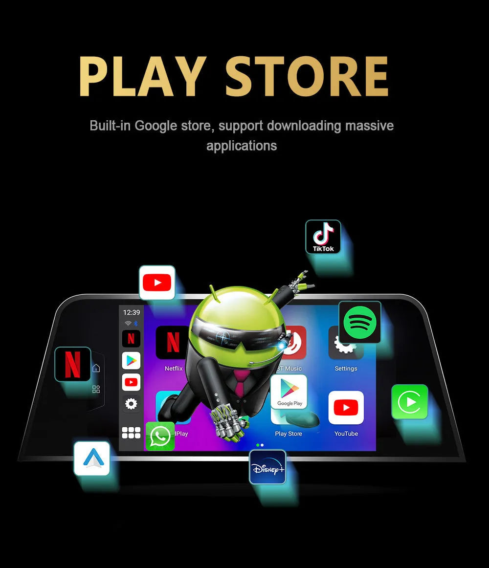 Black Android 11 CarPlay Box with 9-inch touch screen for vehicle infotainment upgrade