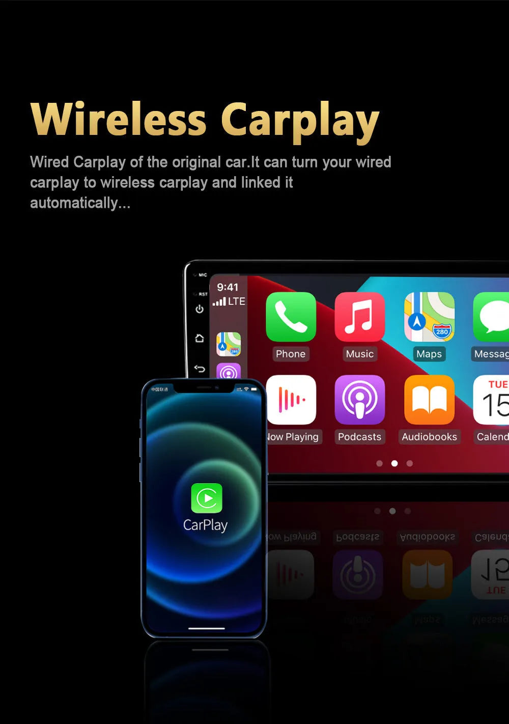 Black Android 11 CarPlay Box with 9-inch touch screen for vehicle infotainment upgrade