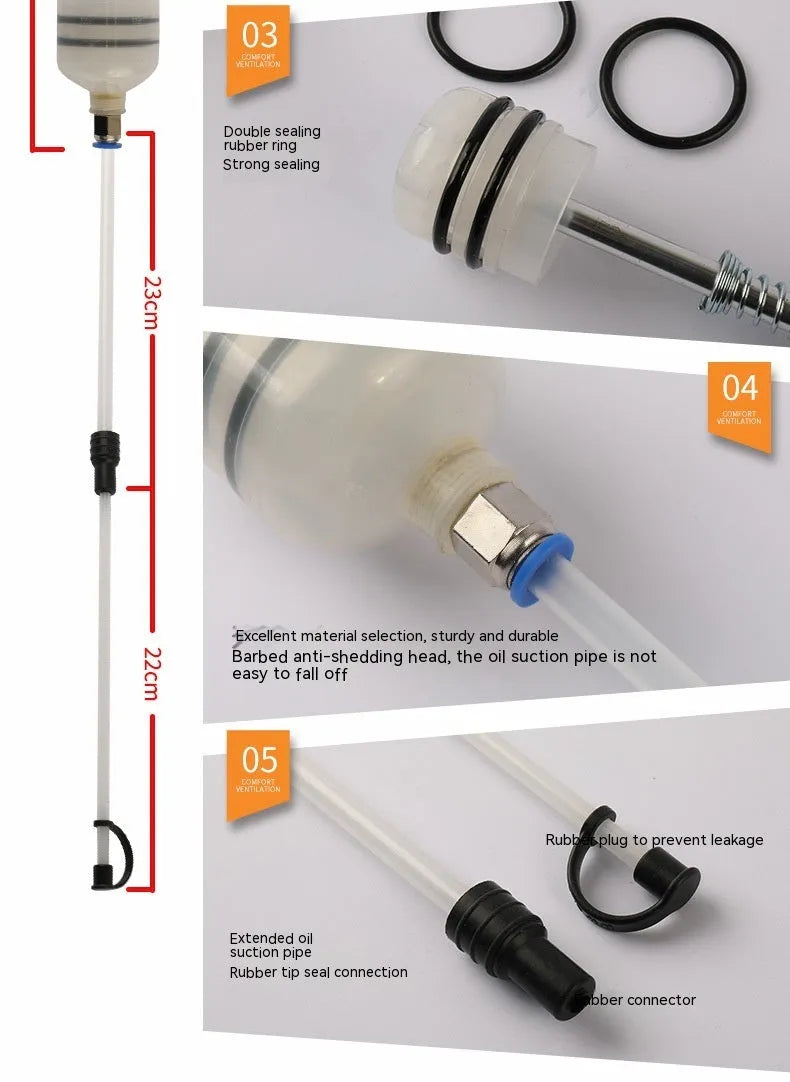Manual oil change pump tool with syringe design in three barrel capacity options