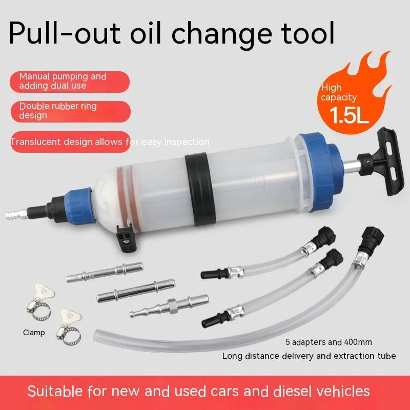 Manual oil change pump tool with syringe design in three barrel capacity options