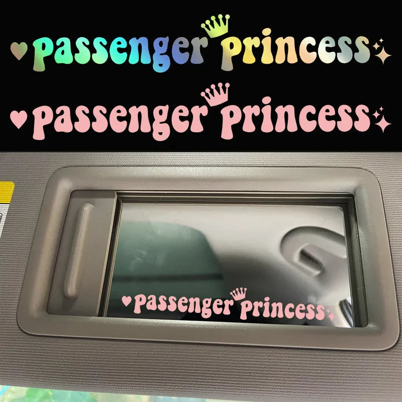 Passenger Princess humorous car sticker shown in multiple colour options on car rearview mirror