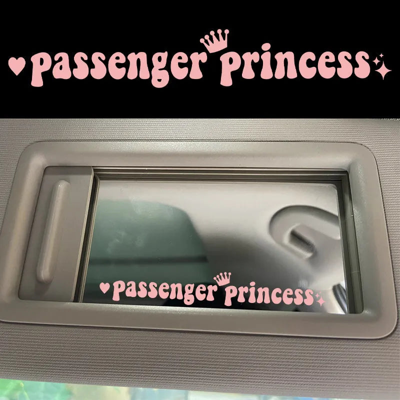 Passenger Princess humorous car sticker shown in multiple colour options on car rearview mirror
