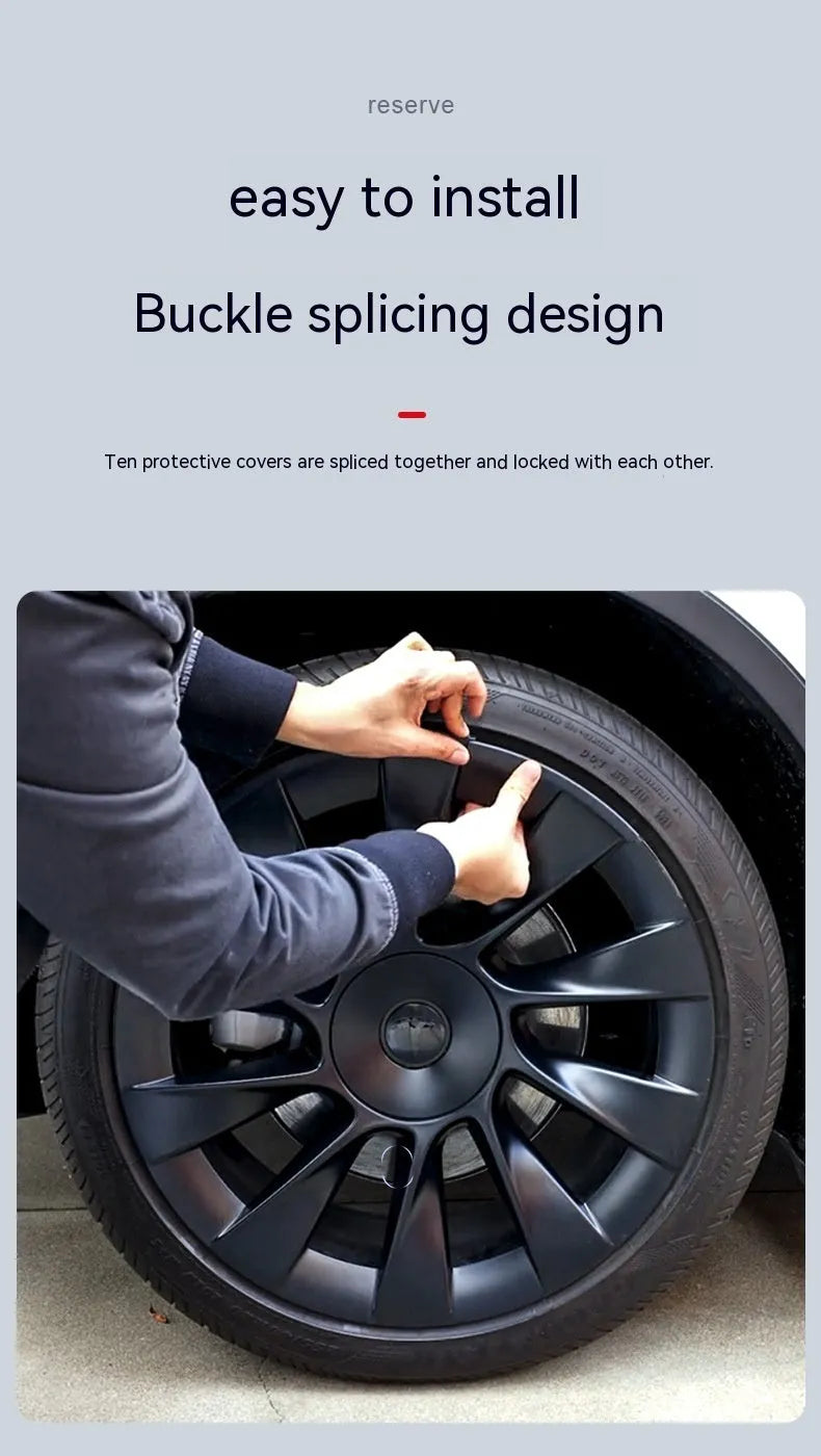 Set of four plastic wheel hub covers for a Tesla Model Y in a carbon fibre pattern finish.