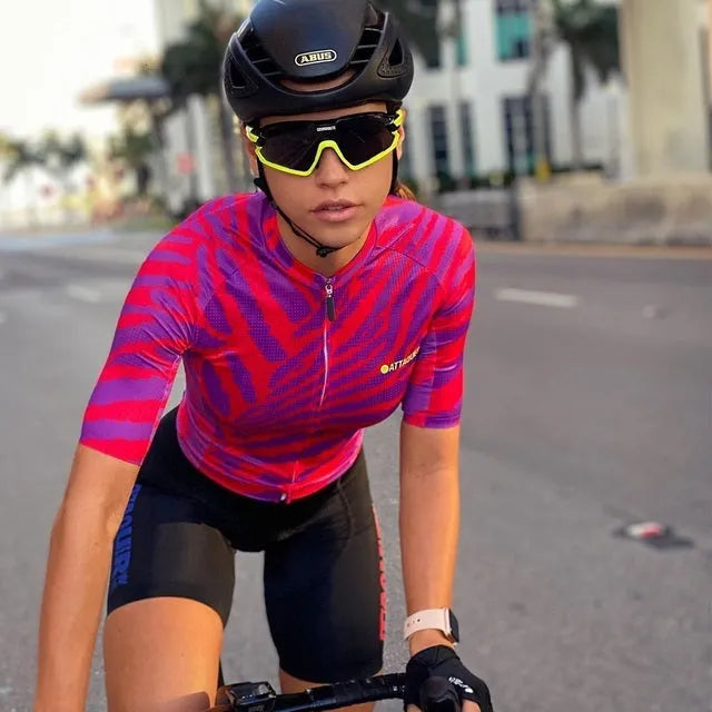 Attaquer Women's All Day Kaleidoscope Cycling Jersey and matching pants set for female cyclists.