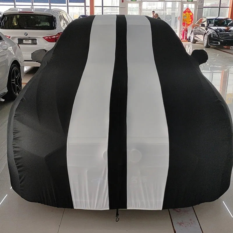 Ford Mustang car cover in elastic fabric with four-sided stretch construction