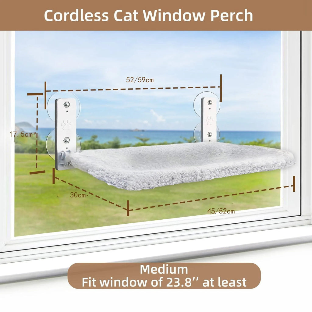 Cordless cat hammock window perch with gray plush fabric, folded on a windowsill