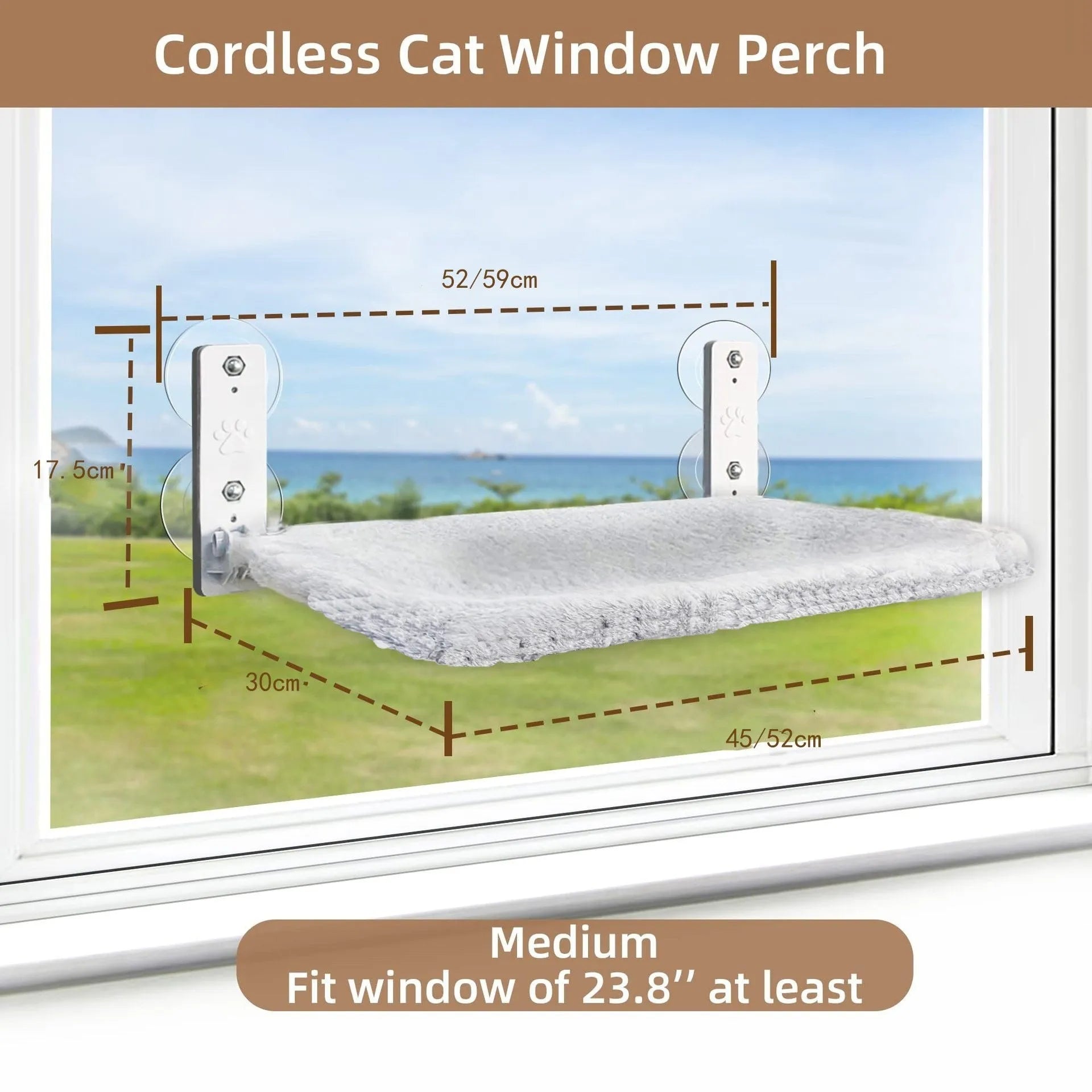 Cordless cat hammock window perch with gray plush fabric, folded on a windowsill
