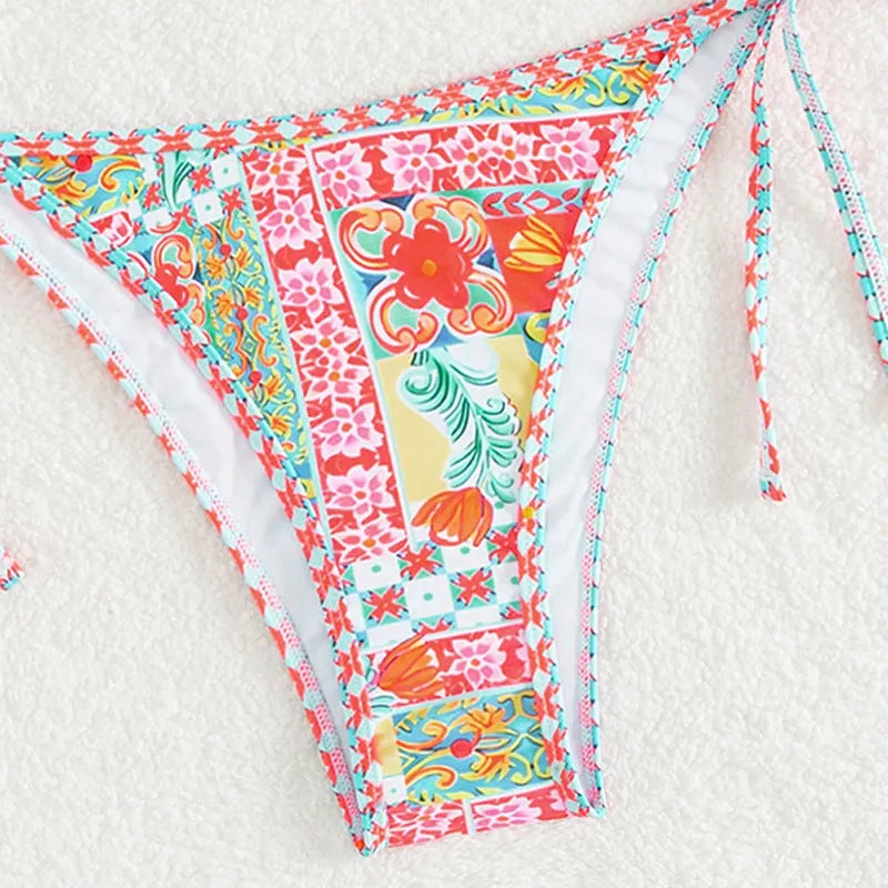 Women's lace-up front swimsuit bikini set with high-cut split-side briefs in picture colour.