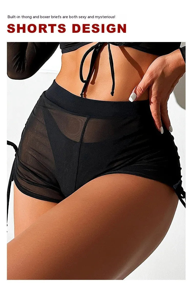 Black mesh women's four-piece bikini swimsuit with long sleeves for swimming sports