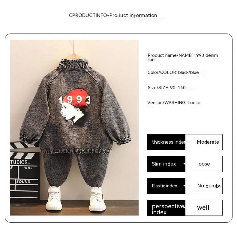 Boys black denim two-piece suit set with long sleeves in Korean style