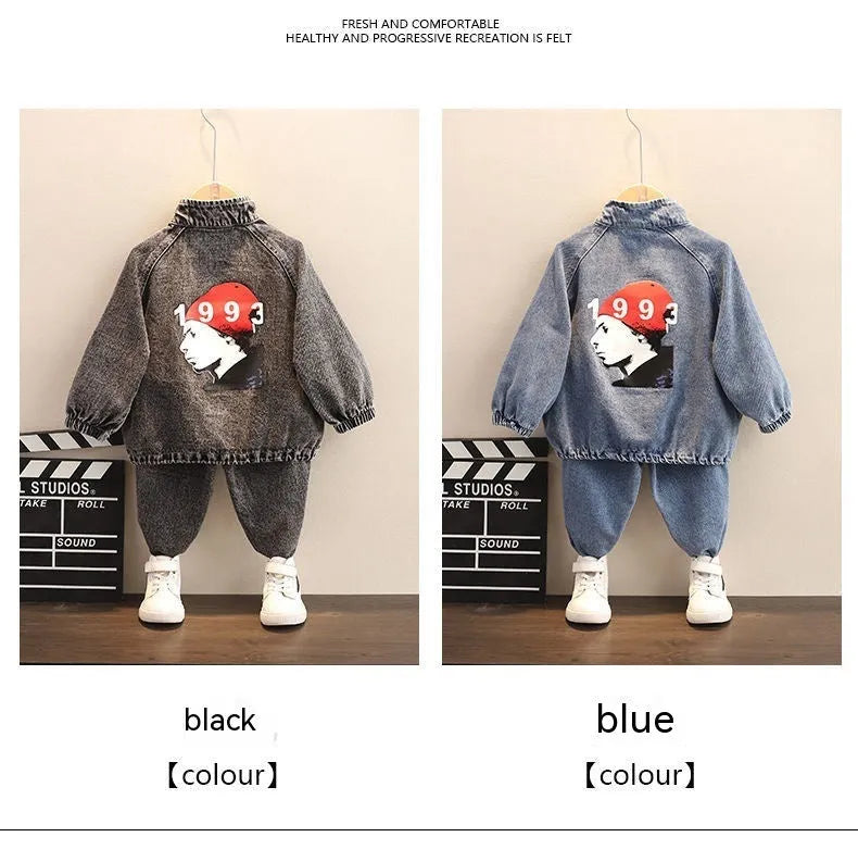 Boys black denim two-piece suit set with long sleeves in Korean style