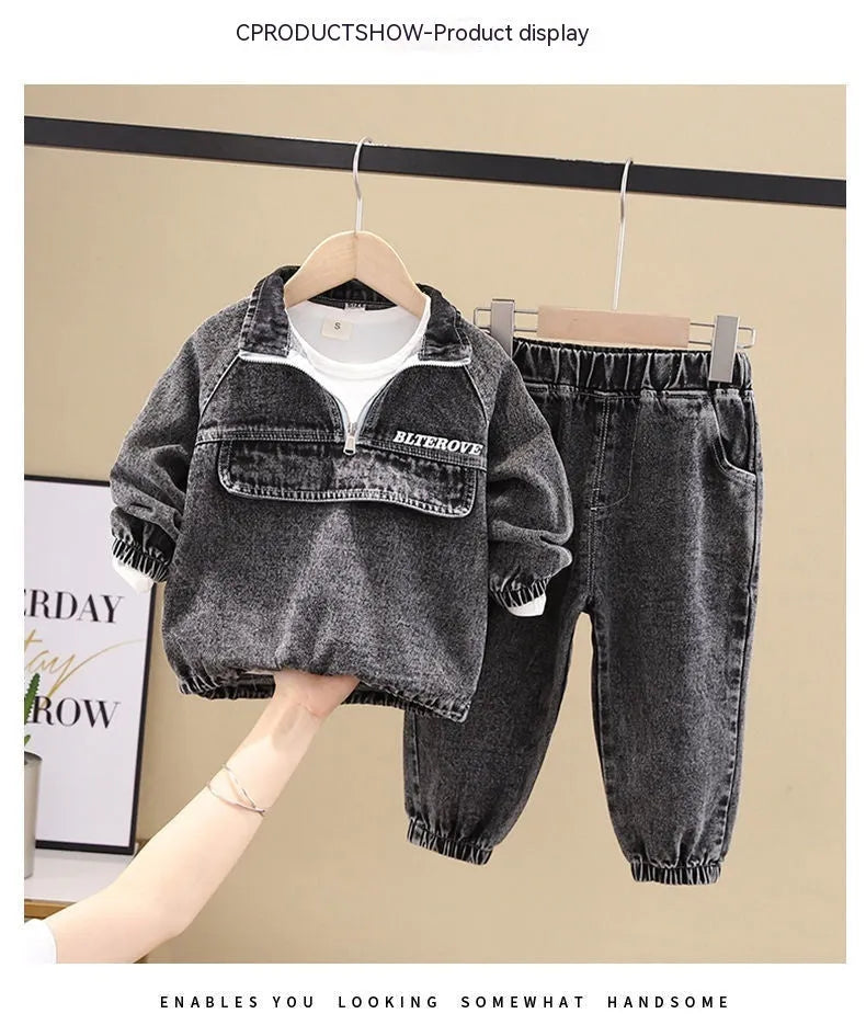 Boys black denim two-piece suit set with long sleeves in Korean style