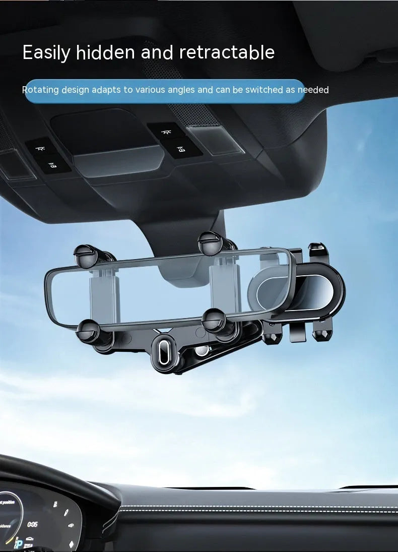 Black ABS plastic automobile rear view mirror bracket with a central folding adjustment rod.