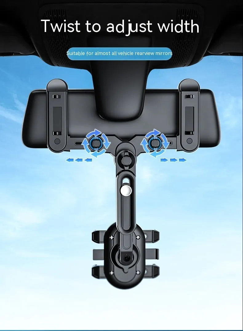 Black ABS plastic automobile rear view mirror bracket with a central folding adjustment rod.