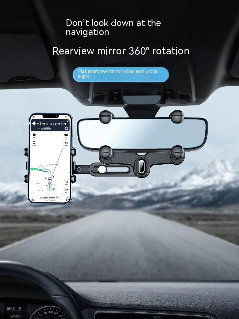 Black ABS plastic automobile rear view mirror bracket with a central folding adjustment rod.