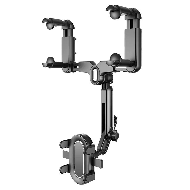 Black ABS plastic automobile rear view mirror bracket with a central folding adjustment rod.