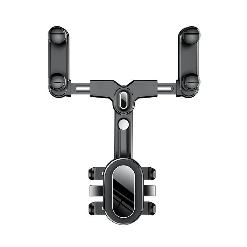 Black ABS plastic automobile rear view mirror bracket with a central folding adjustment rod.