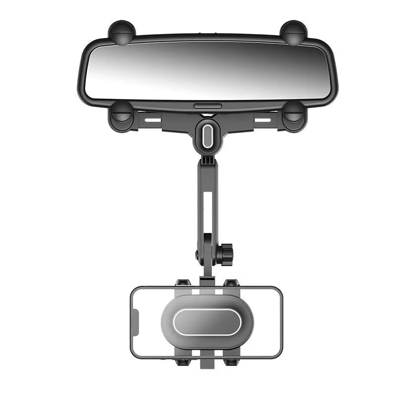 Black ABS plastic automobile rear view mirror bracket with a central folding adjustment rod.
