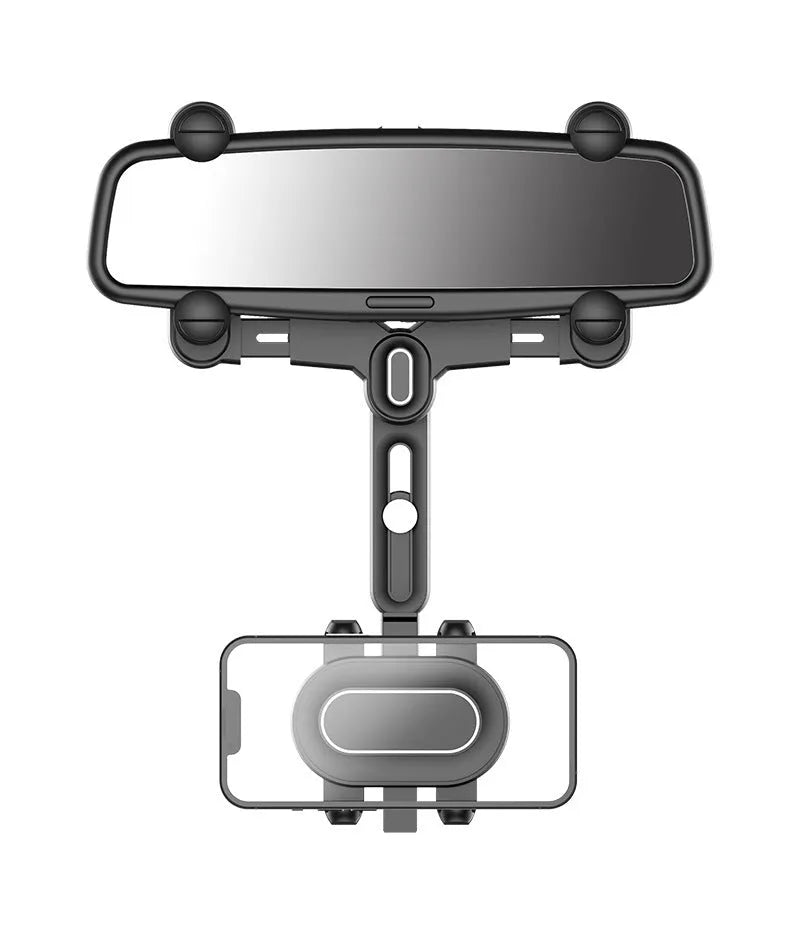 Black ABS plastic automobile rear view mirror bracket with a central folding adjustment rod.