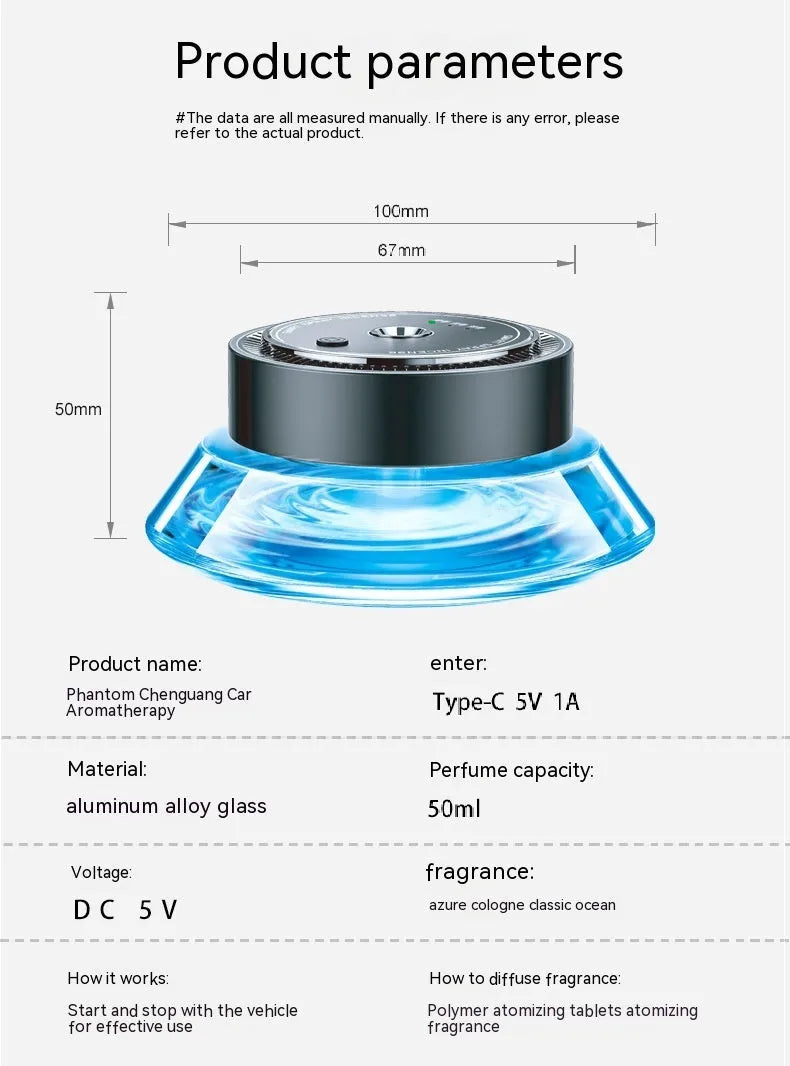 Smart spray car air freshener unit with refillable design, shown with fragrance refill bottle.