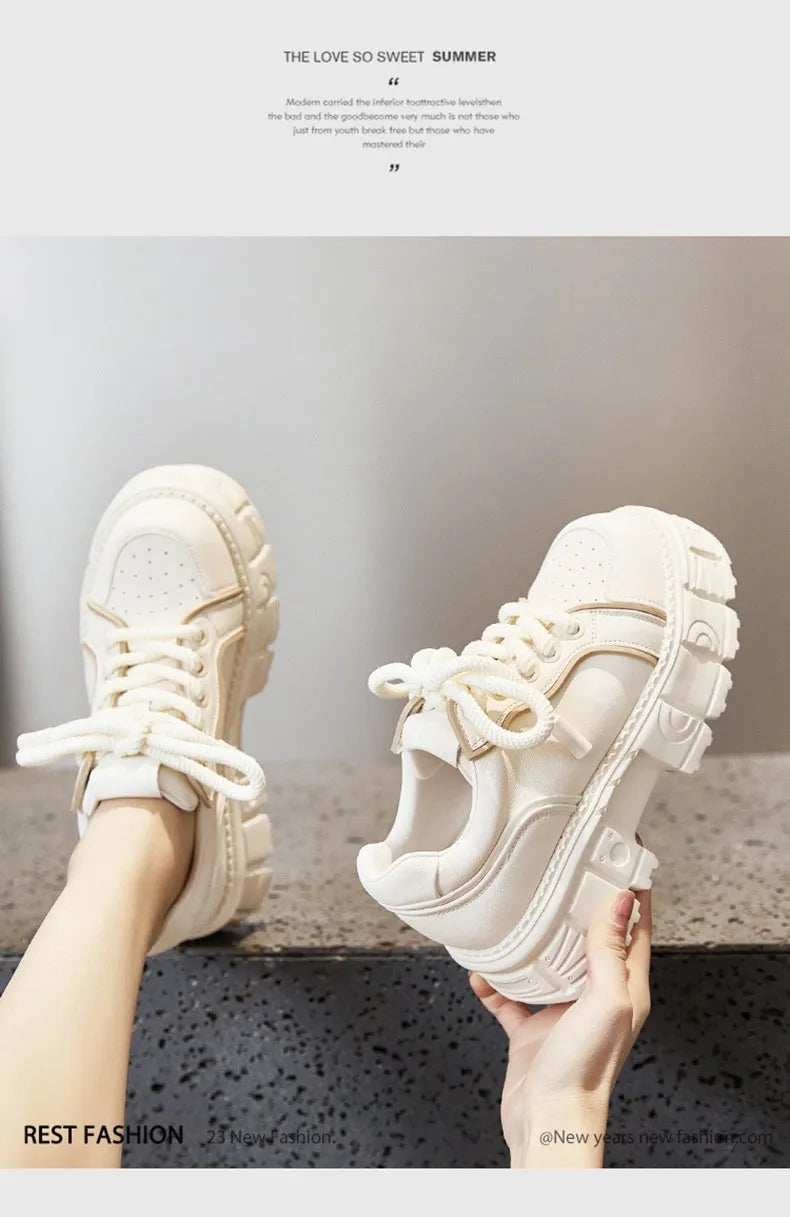 Spring muffin bottom casual leather shoes in beige and pink with height increasing sole