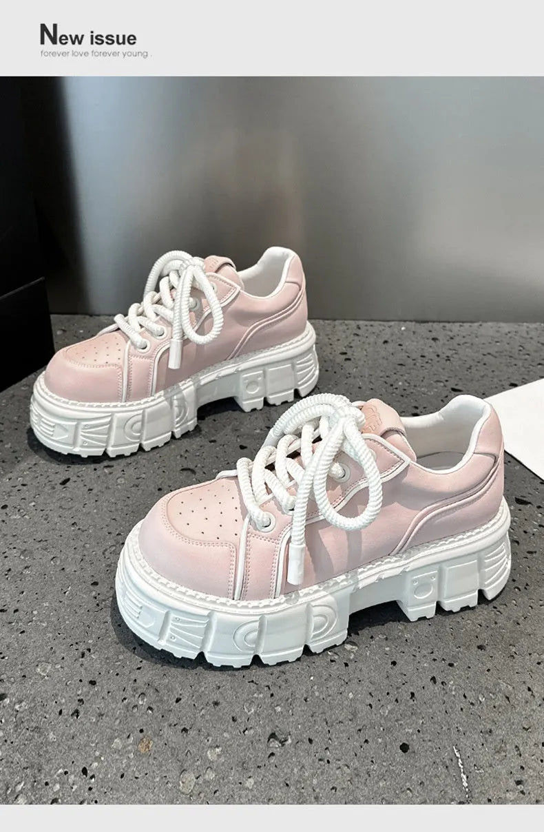 Spring muffin bottom casual leather shoes in beige and pink with height increasing sole