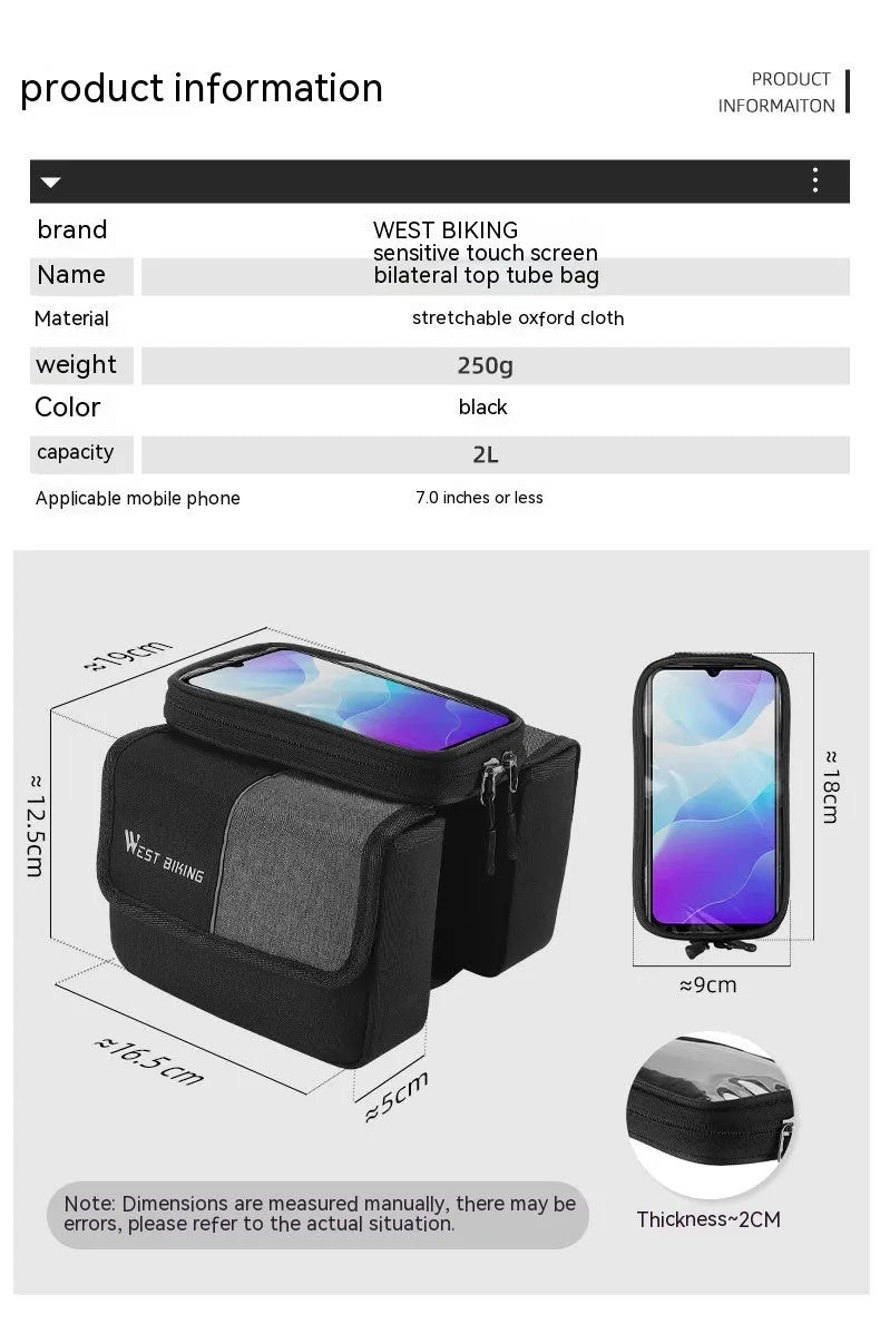 Black and grey bilateral tube saddle bag with touch screen compartment mounted on bicycle