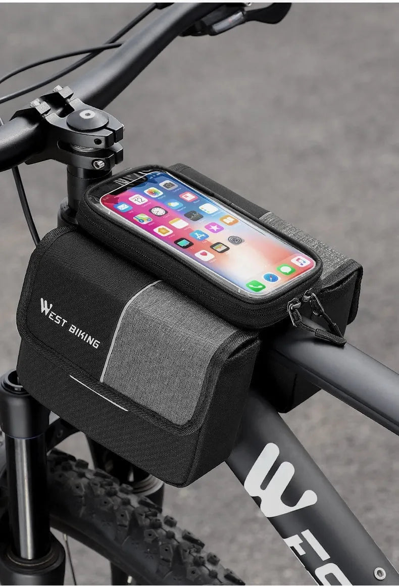 Black and grey bilateral tube saddle bag with touch screen compartment mounted on bicycle