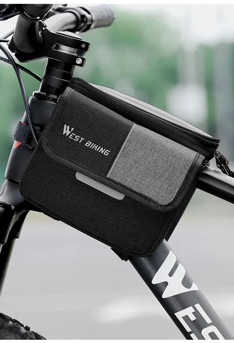 Black and grey bilateral tube saddle bag with touch screen compartment mounted on bicycle