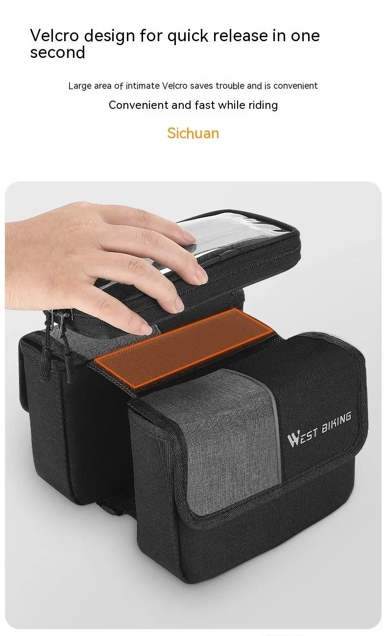 Black and grey bilateral tube saddle bag with touch screen compartment mounted on bicycle