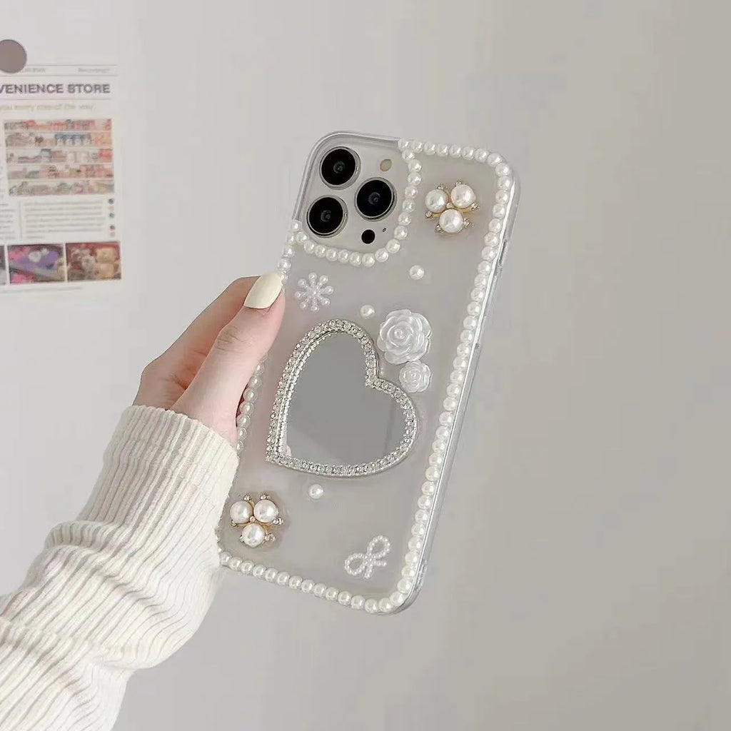 Handmade pearl heart mirror TPU phone case for Apple iPhone 12 13 14 15 with love heart pattern
