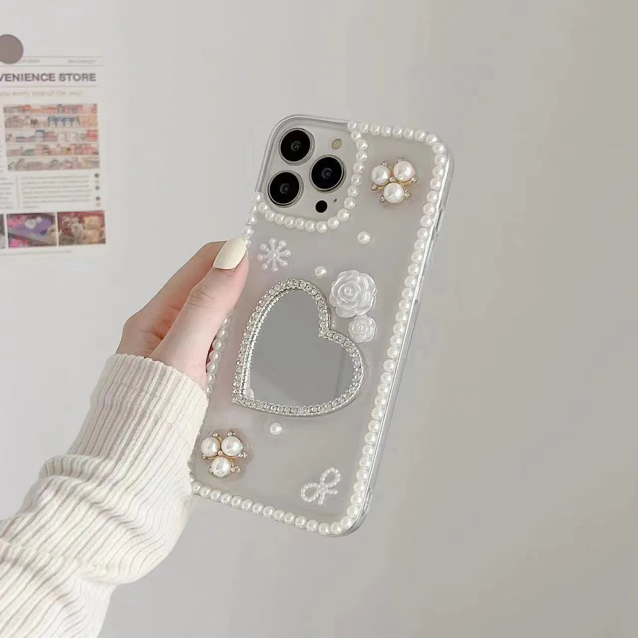 Handmade pearl heart mirror TPU phone case for Apple iPhone 12 13 14 15 with love heart pattern
