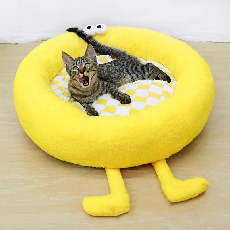Long plush pet nest bed for small medium dogs in black, pink, or yellow with raised rim and three size options