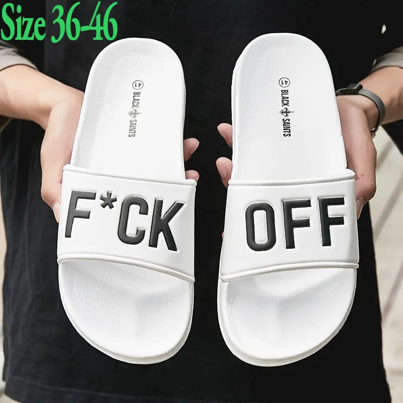 Men's black open-toe personalised slippers with rubber soles showing available size range