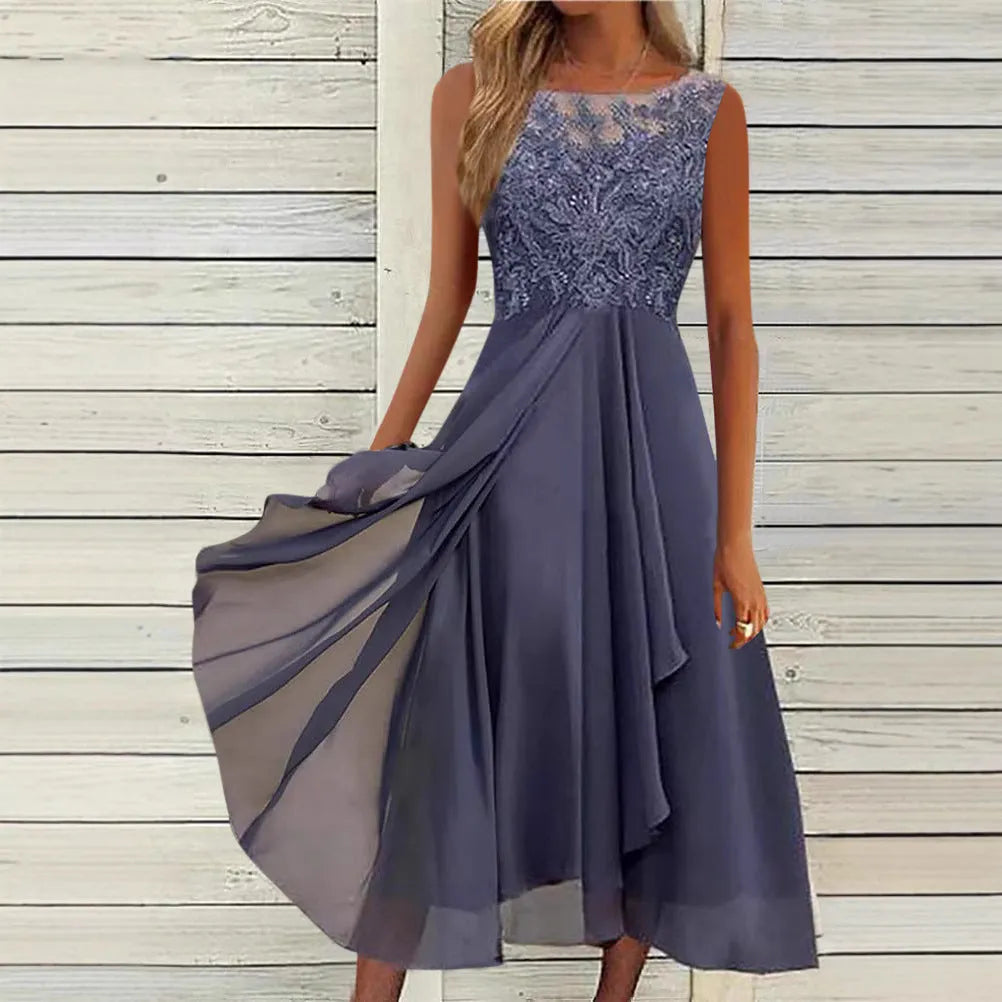 Women's sleeveless midi chiffon dress with hollow-out lace detail in blue, green, or purple.