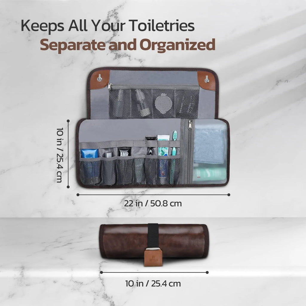 Men's black portable PU travel wash bag with toiletry items inside.