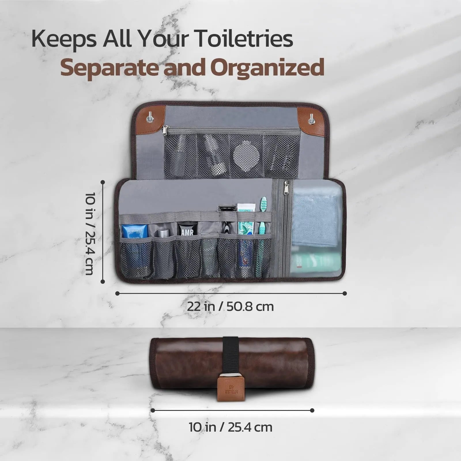 Men's black portable PU travel wash bag with toiletry items inside.