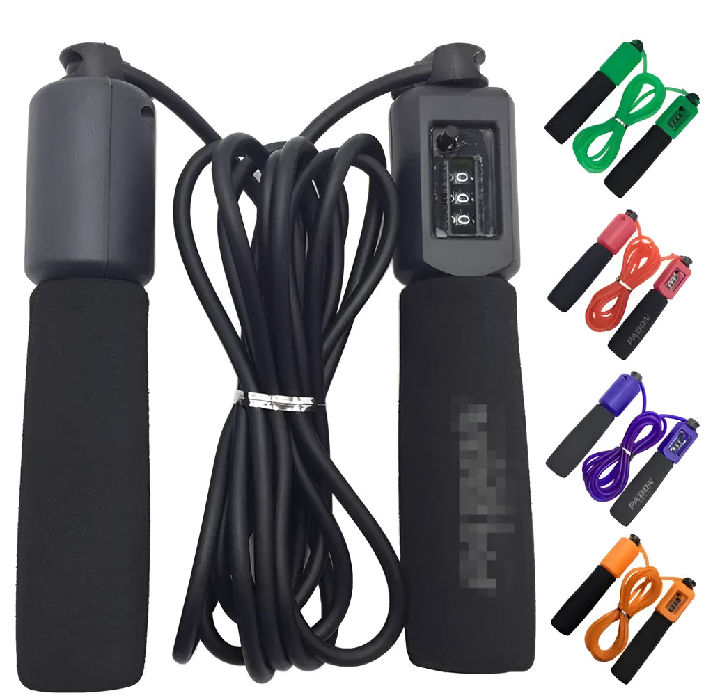 PVC skipping rope with foam handles in multiple colour options including black, blue, green and red