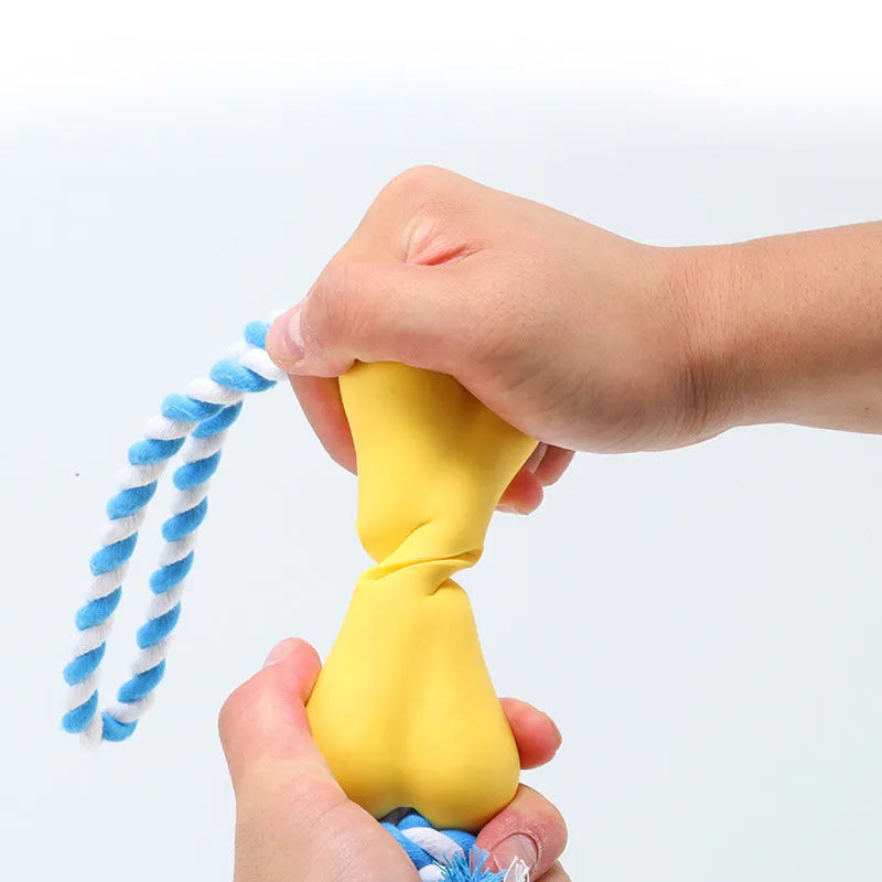 Green porous bone-shaped rope dog toy with knotted texture for chewing and treat hiding
