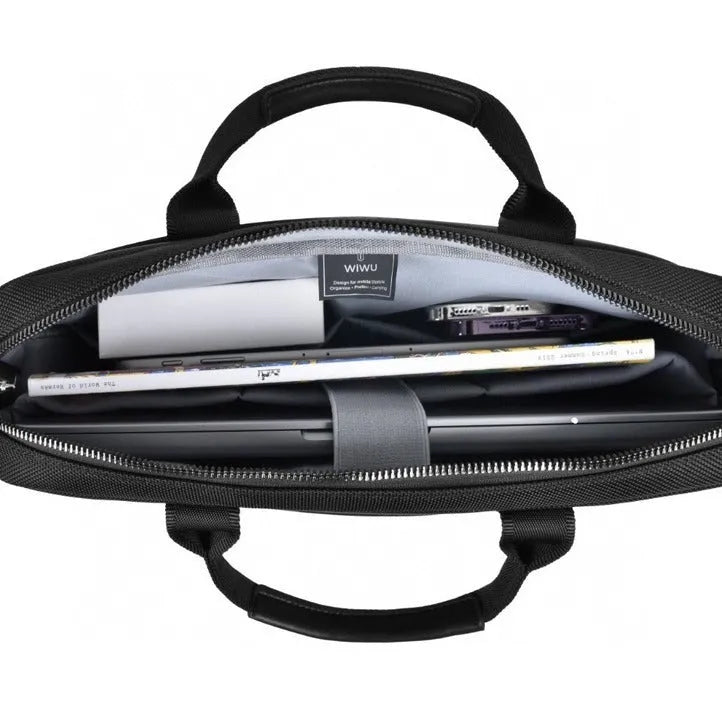 Black Oxford cloth laptop backpack with multiple organisational pockets and a lock, shown with a laptop.