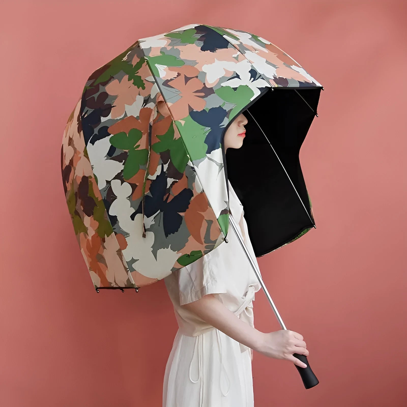 76cm long handle manual umbrella with NC fabric canopy in camouflage butterfly vinyl pattern