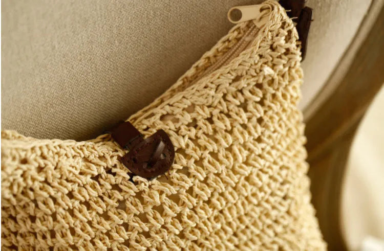Handmade crochet crossbody straw bag for children with cotton lining in khaki colour