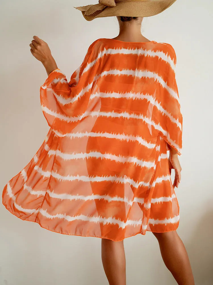 Women's nylon colour block three piece swimsuit set in orange with cardigan