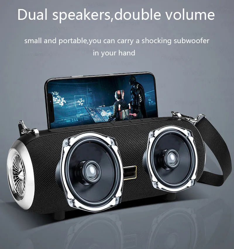 F666 portable fabric and plastic Bluetooth speaker with shoulder strap and retractable FM antenna.