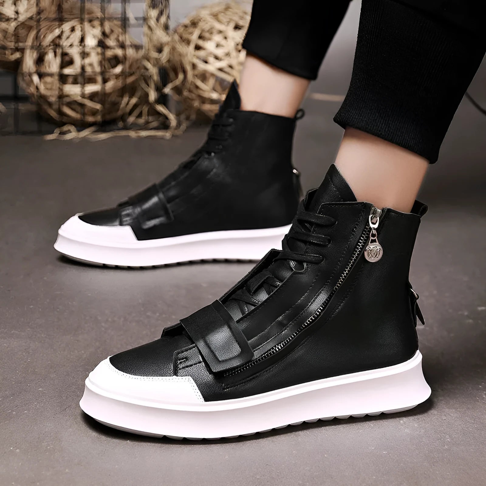Men's black PU leather ankle boot with high-top sneaker design on a white background