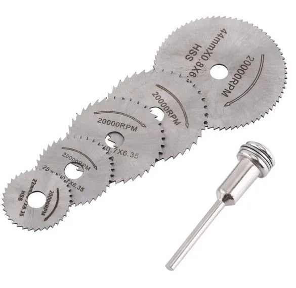 Six circular saw blades with mandrel, high-speed steel construction, 10-25mm diameter range