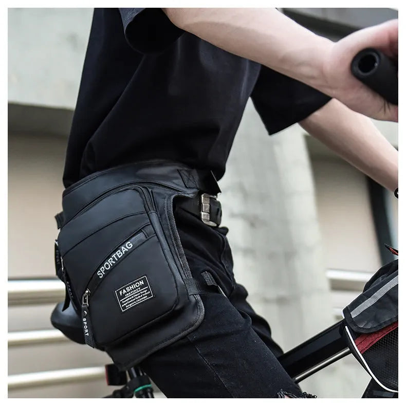 Men's nylon crossbody cycling leg bag in black colour showing waterproof anti-theft features