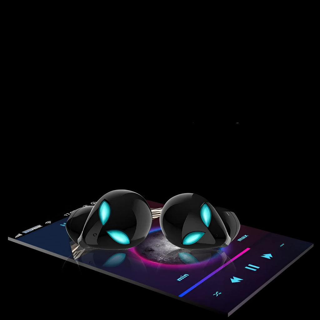 Creative Outer T8 Starman alien design Bluetooth headset with wireless charging case.