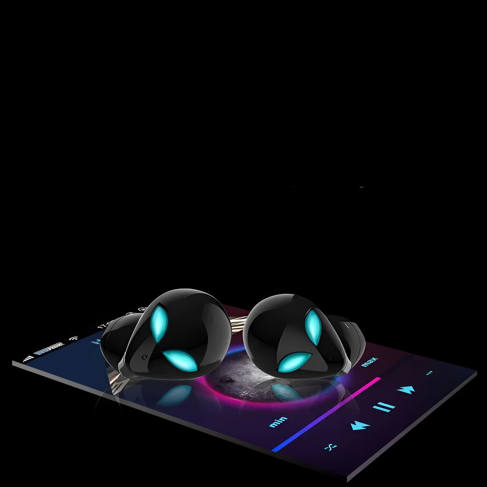 Creative Outer T8 Starman alien design Bluetooth headset with wireless charging case.